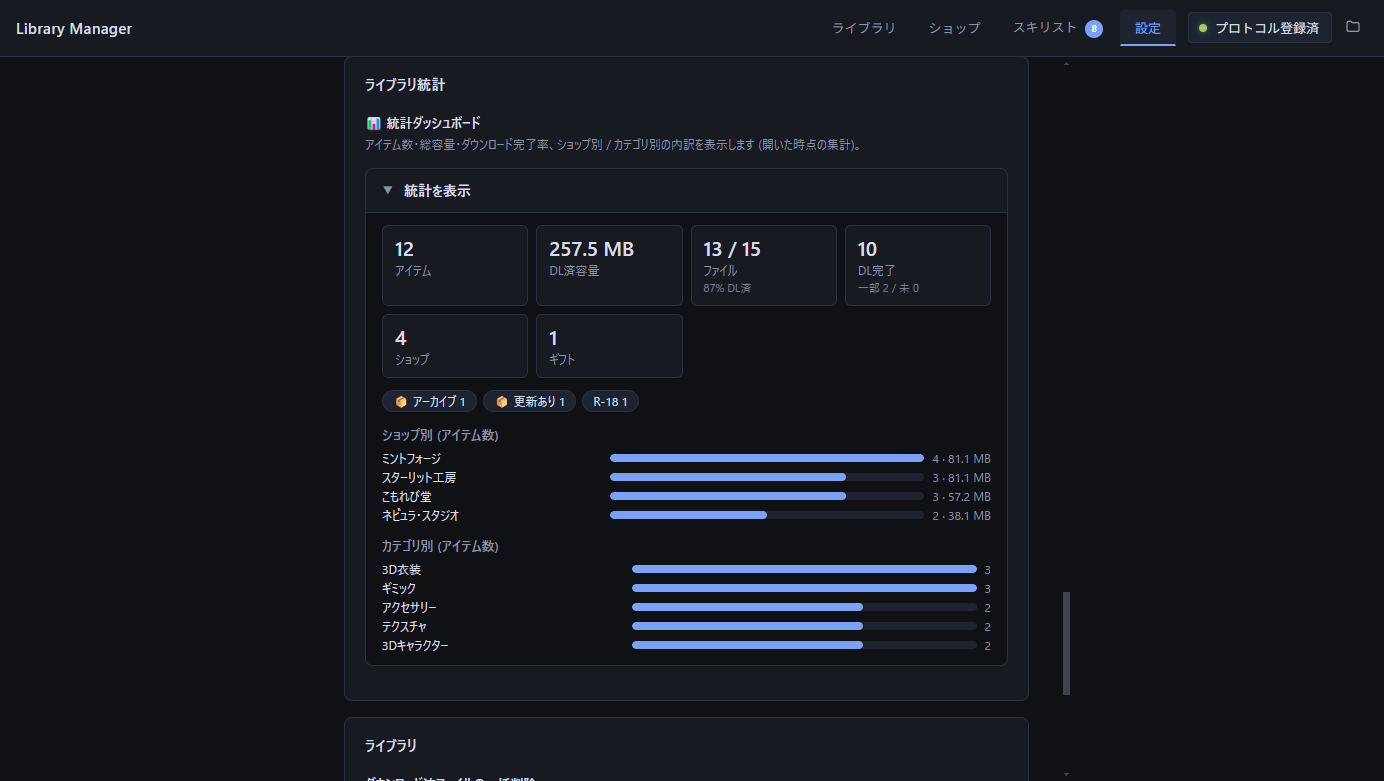 ライブラリ統計ダッシュボード — サマリーカードとショップ別 / カテゴリ別の内訳